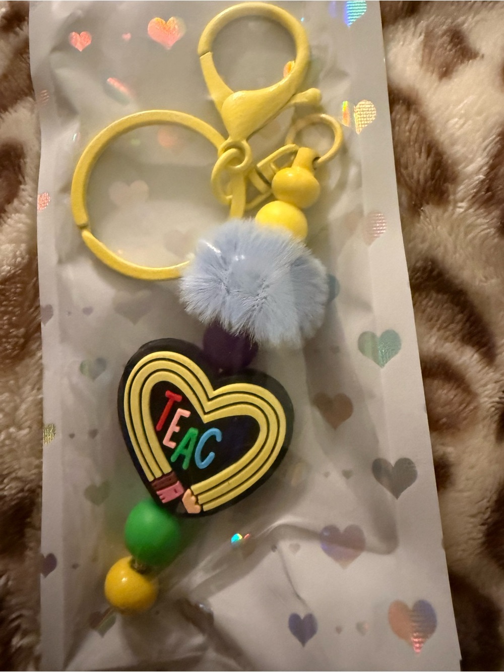 Heart Teacher Keychain with Pom Pom - Yellow & Multicolor